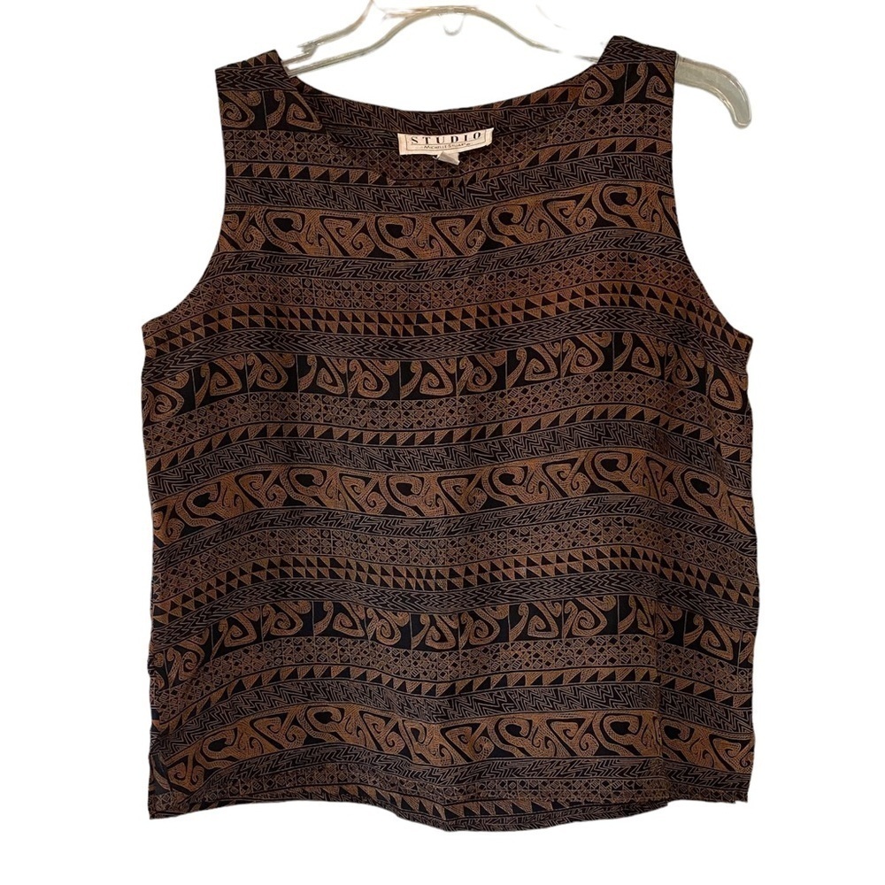 Vintage Silk Sleeveless Blouse Tribal Geometric Sz Medium